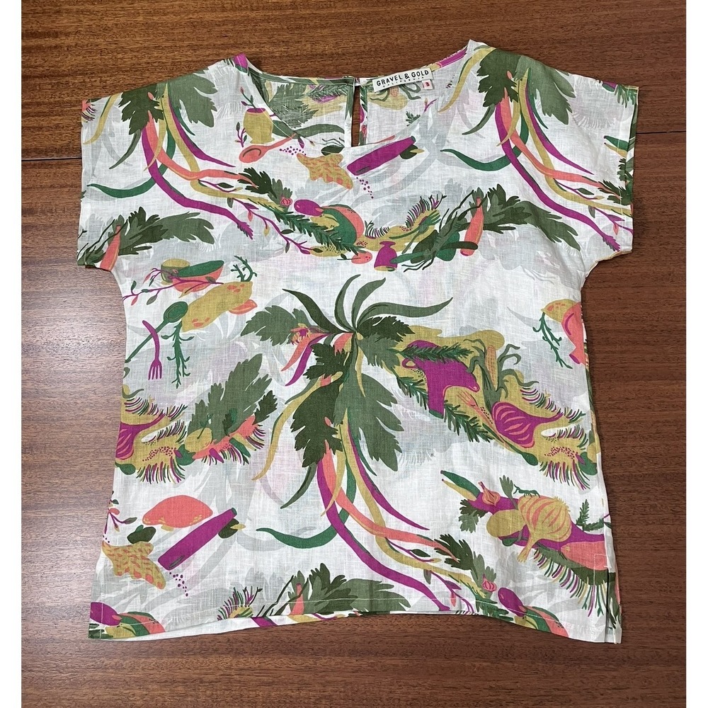 Gravel & Gold Womens 100% Linen Botanical Culinary Print Boxy Top White Size 3